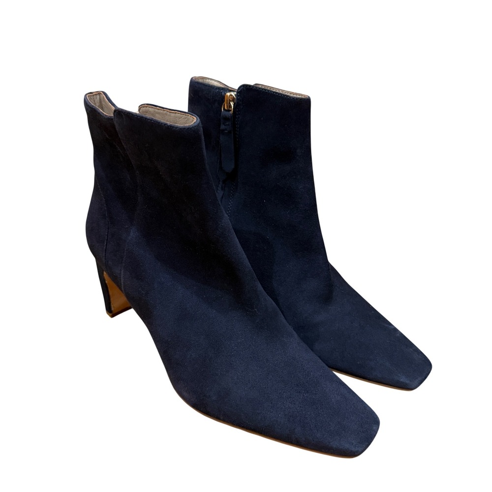 Boden Blue Suede Ankle Bootie Square Toe Block Heel Navy Boots Womens 9 40 Work